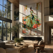 Garden Hem Opens Wide - green floral gown woman by Marcus Lau, Retro Modern vertical wall art – styled room scene view 1