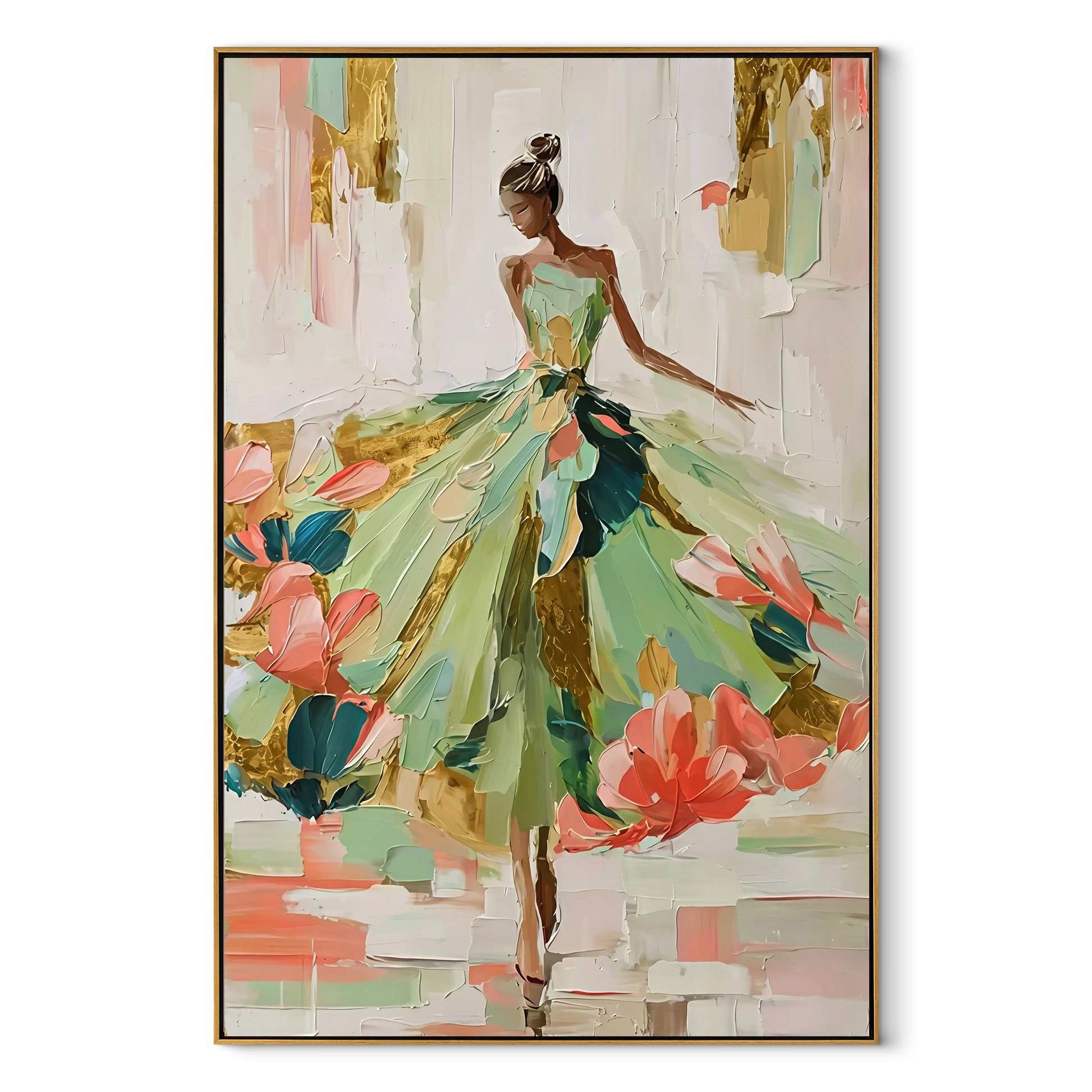 Garden Hem Opens Wide - green floral gown woman by Marcus Lau, Retro Modern vertical wall art – wood frame on white background