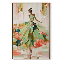 Garden Hem Opens Wide - green floral gown woman by Marcus Lau, Retro Modern vertical wall art – wood frame on white background