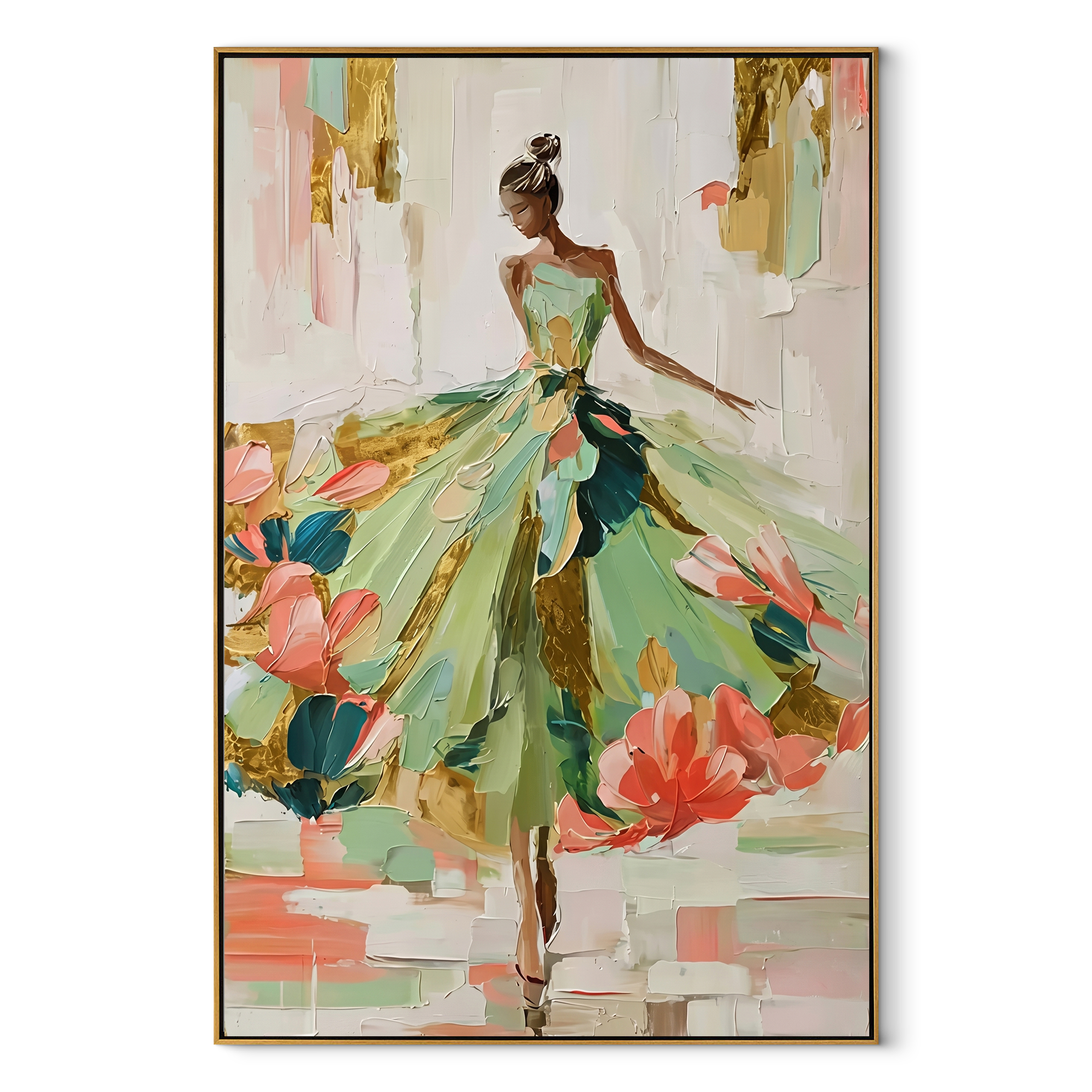 Garden Hem Opens Wide - green floral gown woman by Marcus Lau, Retro Modern vertical wall art – wood frame on white background