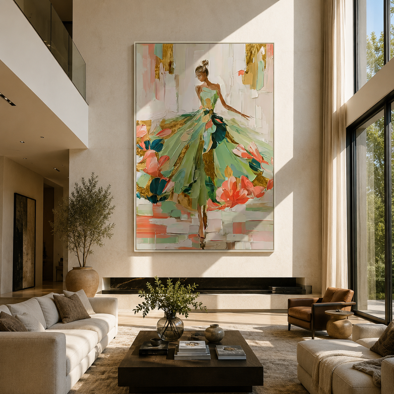 Garden Hem Opens Wide - green floral gown woman by Marcus Lau, Retro Modern vertical wall art – styled room scene view 2