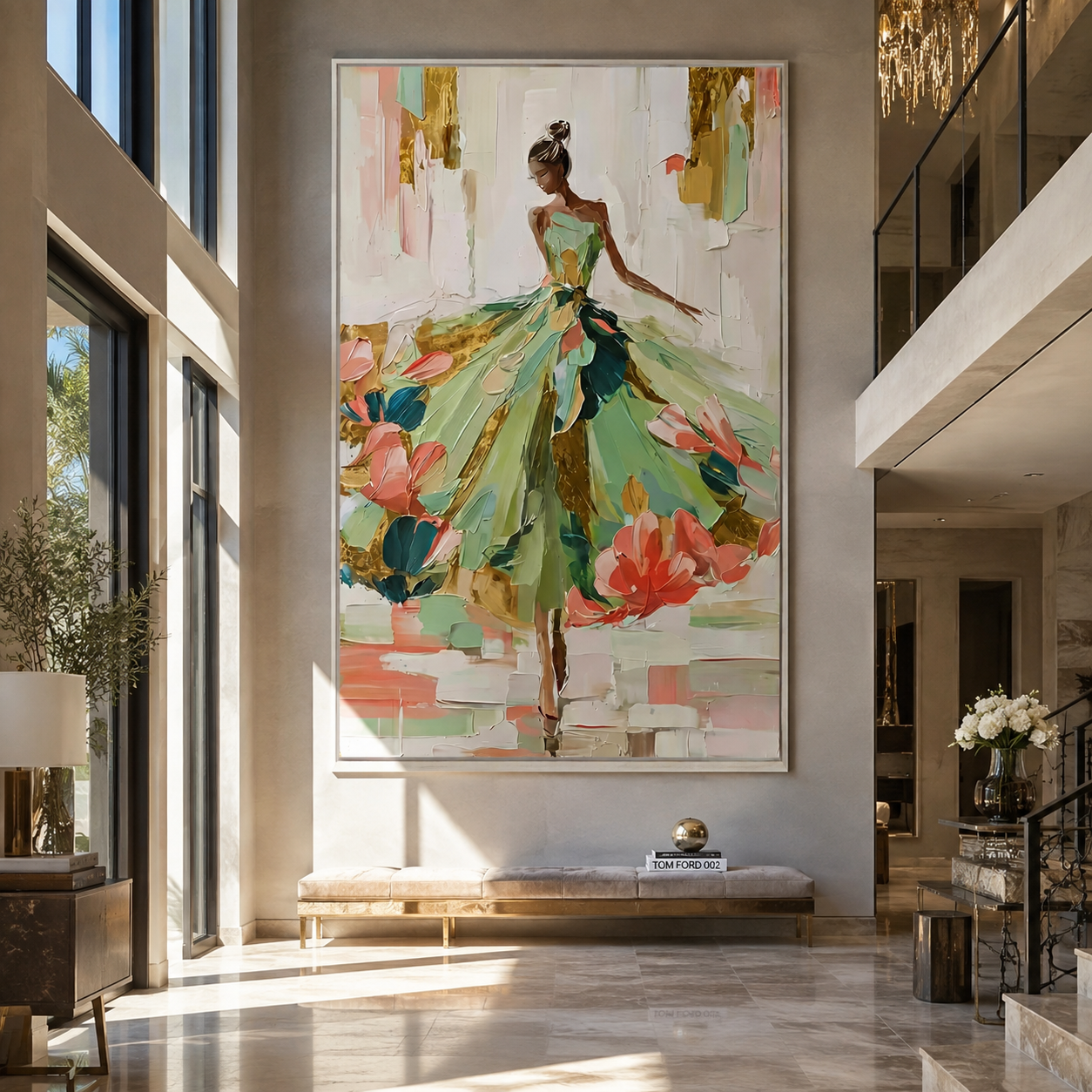 Garden Hem Opens Wide - green floral gown woman by Marcus Lau, Retro Modern vertical wall art – styled room scene view 3