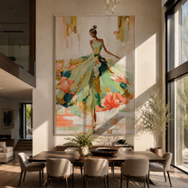 Garden Hem Opens Wide - green floral gown woman by Marcus Lau, Retro Modern vertical wall art – styled room scene view 4