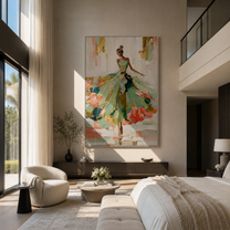 Garden Hem Opens Wide - green floral gown woman by Marcus Lau, Retro Modern vertical wall art – styled room scene view 5