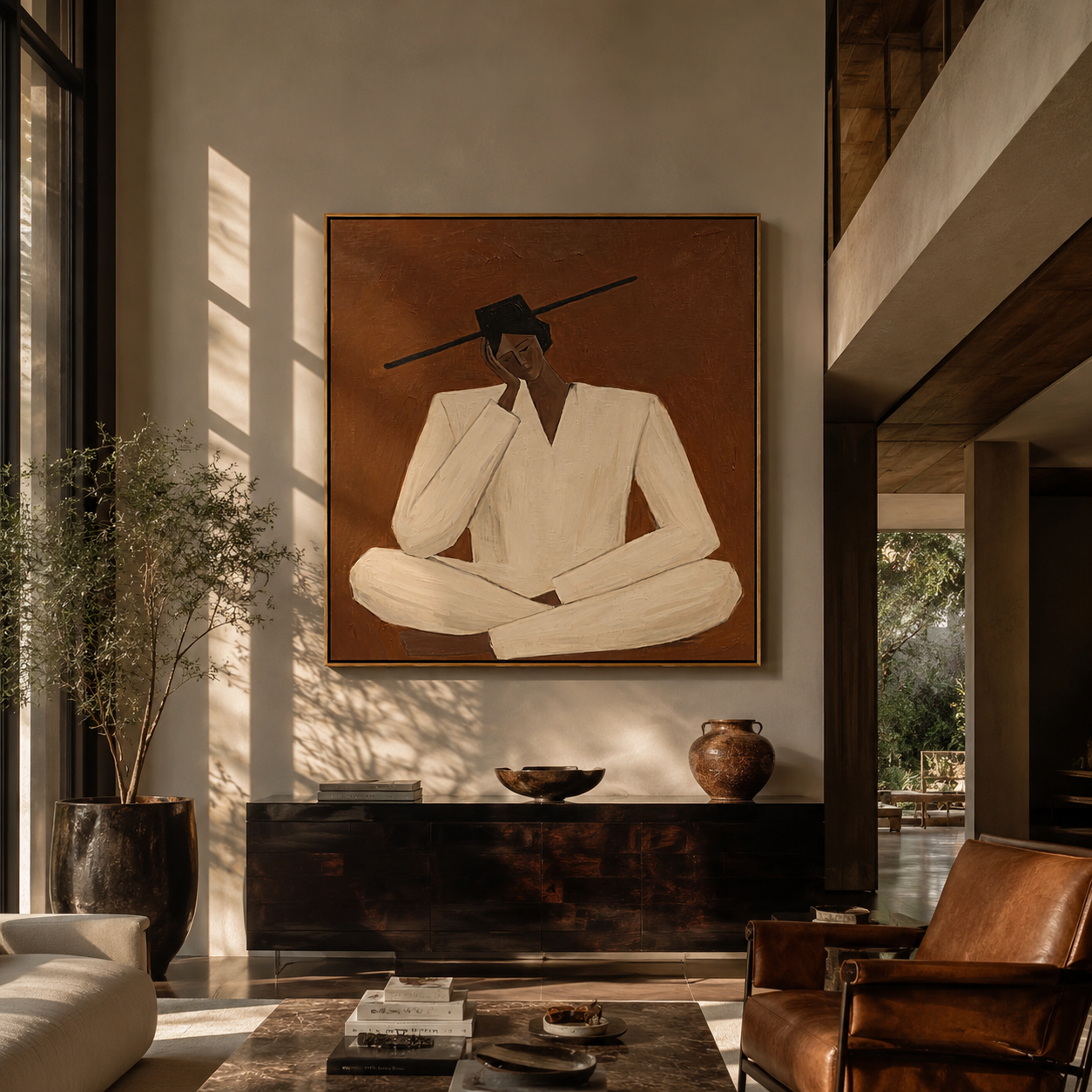 White Sleeves Hold Thought - seated white suit figure by Marcus Lau, Retro Modern square wall art – styled room scene view 1
