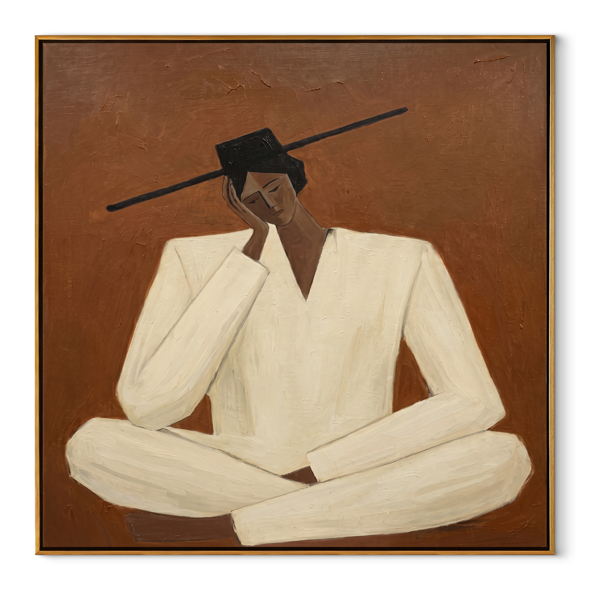 White Sleeves Hold Thought - seated white suit figure by Marcus Lau, Retro Modern square wall art – wood frame on white background