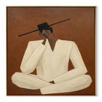 White Sleeves Hold Thought - seated white suit figure by Marcus Lau, Retro Modern square wall art – wood frame on white background