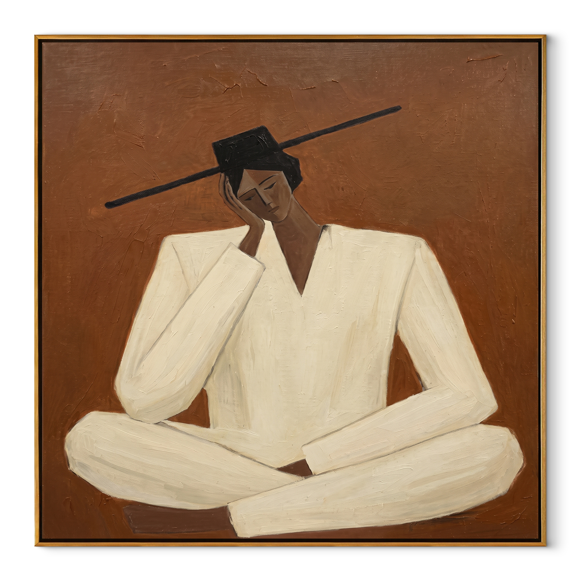 White Sleeves Hold Thought - seated white suit figure by Marcus Lau, Retro Modern square wall art – wood frame on white background
