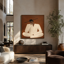 White Sleeves Hold Thought - seated white suit figure by Marcus Lau, Retro Modern square wall art – styled room scene view 2