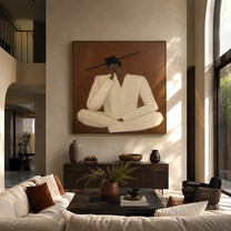 White Sleeves Hold Thought - seated white suit figure by Marcus Lau, Retro Modern square wall art – styled room scene view 3