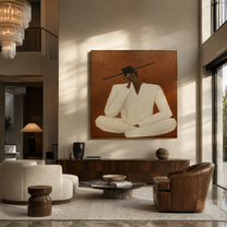 White Sleeves Hold Thought - seated white suit figure by Marcus Lau, Retro Modern square wall art – styled room scene view 4