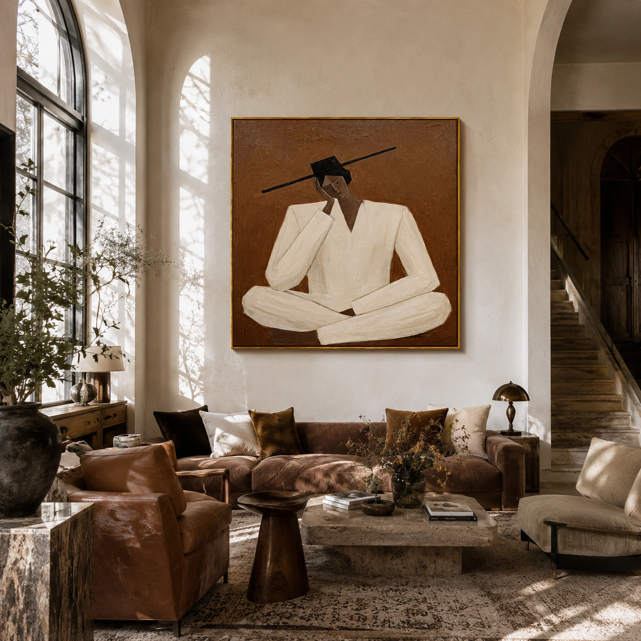 White Sleeves Hold Thought - seated white suit figure by Marcus Lau, Retro Modern square wall art – styled room scene view 5