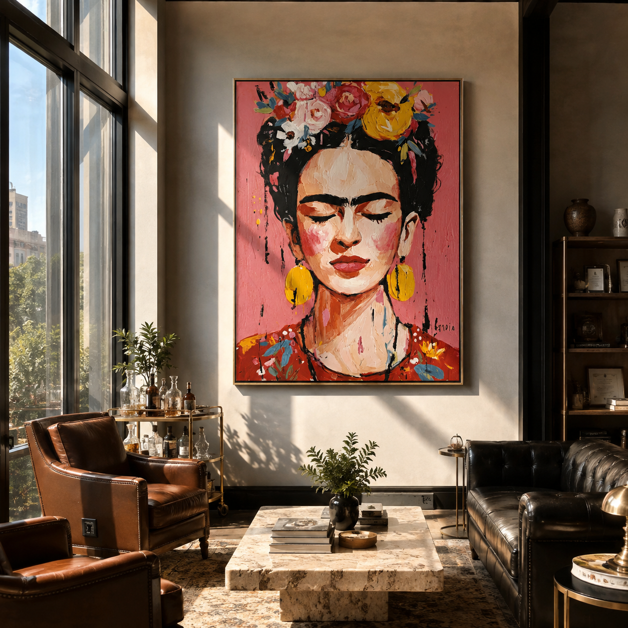 Yellow Birds Crown Rose - floral woman portrait by Marcus Lau, Retro Modern vertical wall art – styled room scene view 1