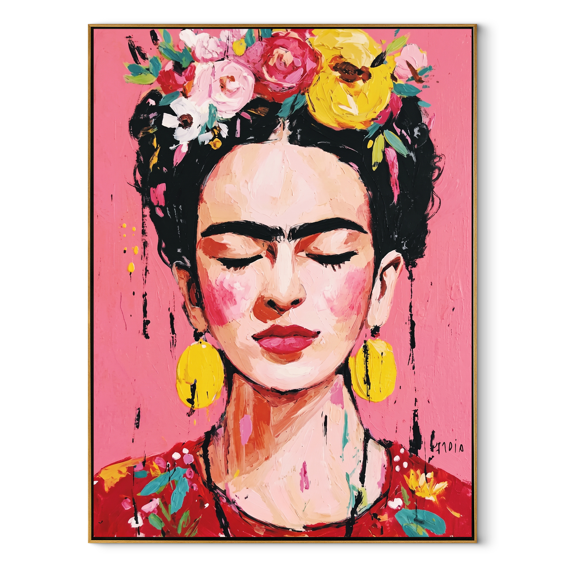 Yellow Birds Crown Rose - floral woman portrait by Marcus Lau, Retro Modern vertical wall art – wood frame on white background