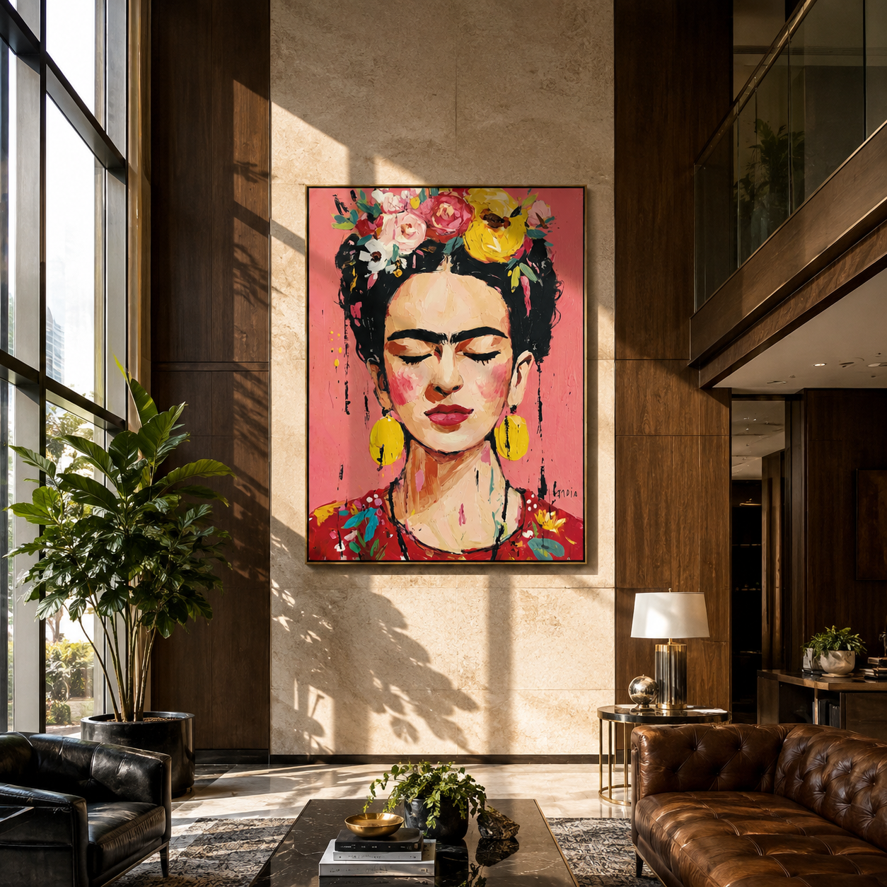 Yellow Birds Crown Rose - floral woman portrait by Marcus Lau, Retro Modern vertical wall art – styled room scene view 2