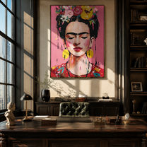 Yellow Birds Crown Rose - floral woman portrait by Marcus Lau, Retro Modern vertical wall art – styled room scene view 4