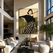 Coffee Pauses Above Stripes - woman drinking coffee by Marcus Lau, Retro Modern vertical wall art – styled room scene view 1