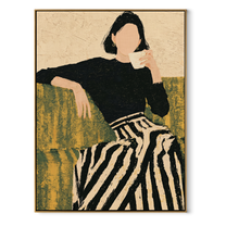 Coffee Pauses Above Stripes - woman drinking coffee by Marcus Lau, Retro Modern vertical wall art – wood frame on white background