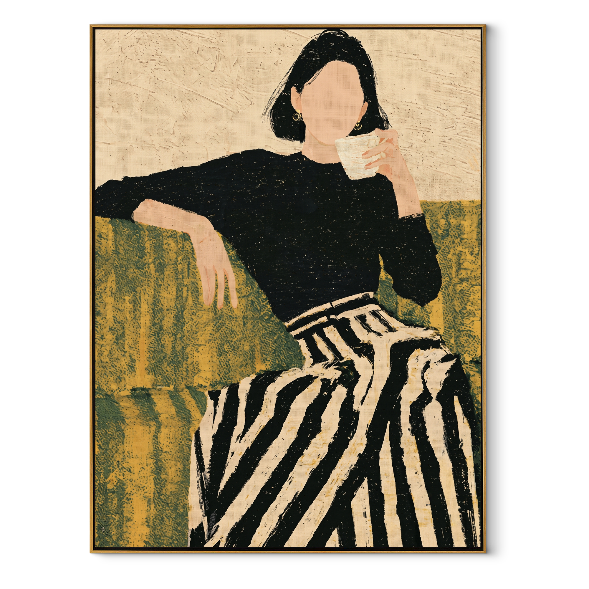 Coffee Pauses Above Stripes - woman drinking coffee by Marcus Lau, Retro Modern vertical wall art – wood frame on white background