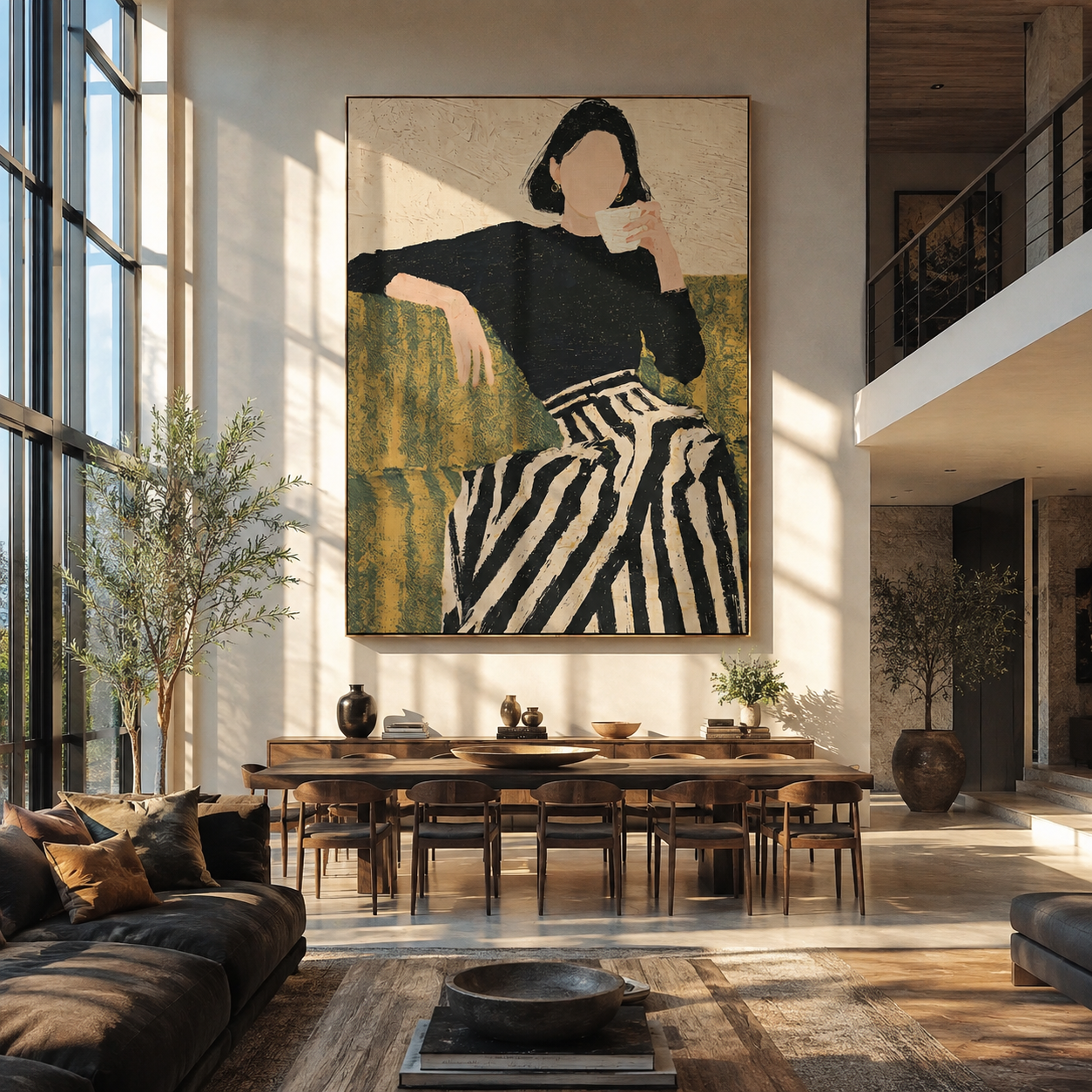 Coffee Pauses Above Stripes - woman drinking coffee by Marcus Lau, Retro Modern vertical wall art – styled room scene view 2
