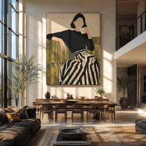 Coffee Pauses Above Stripes - woman drinking coffee by Marcus Lau, Retro Modern vertical wall art – styled room scene view 2