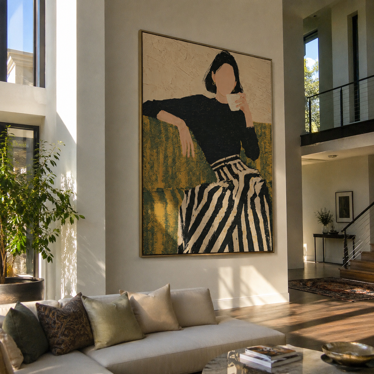 Coffee Pauses Above Stripes - woman drinking coffee by Marcus Lau, Retro Modern vertical wall art – styled room scene view 3
