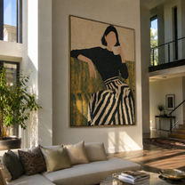 Coffee Pauses Above Stripes - woman drinking coffee by Marcus Lau, Retro Modern vertical wall art – styled room scene view 3