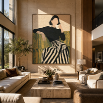 Coffee Pauses Above Stripes - woman drinking coffee by Marcus Lau, Retro Modern vertical wall art – styled room scene view 4