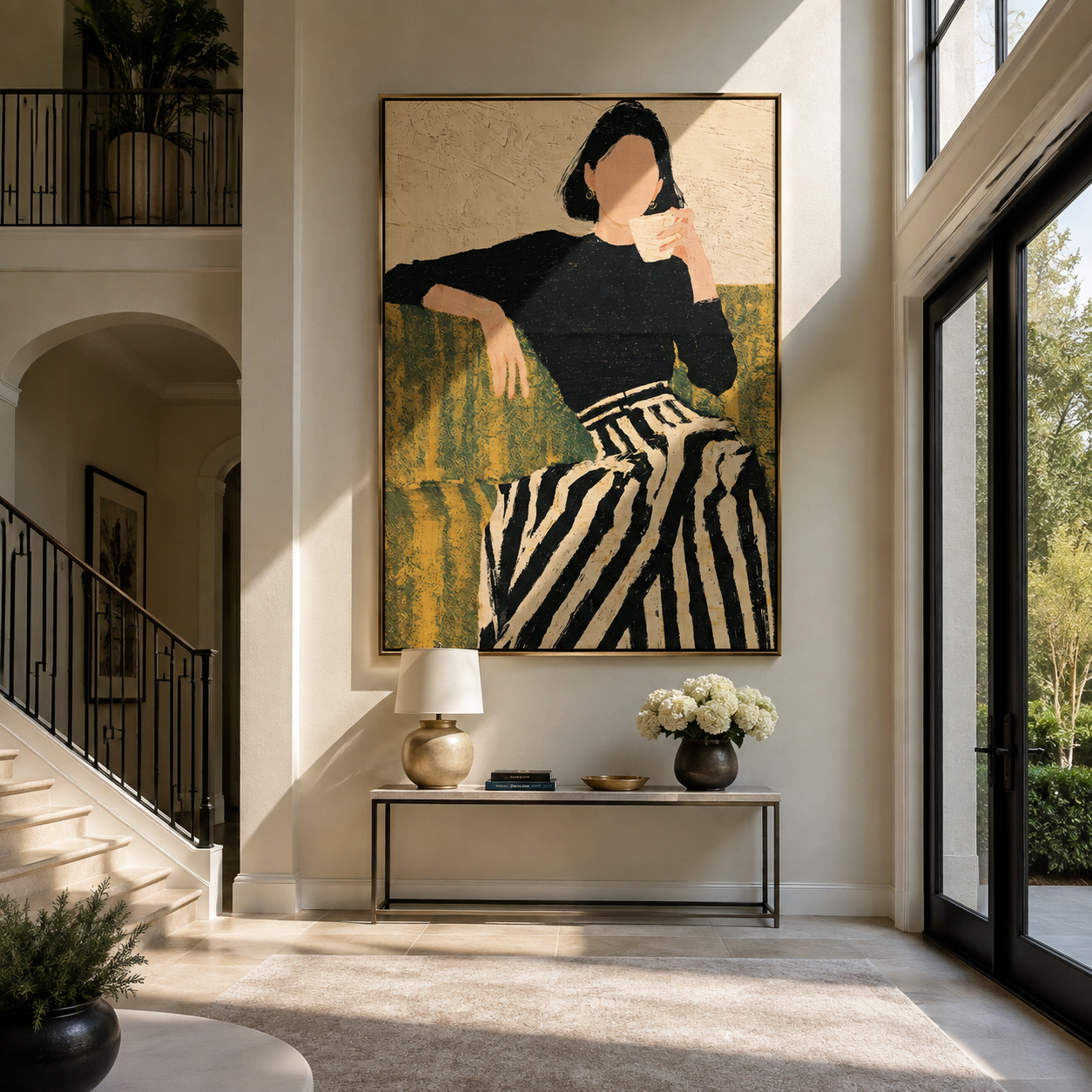 Coffee Pauses Above Stripes - woman drinking coffee by Marcus Lau, Retro Modern vertical wall art – styled room scene view 5