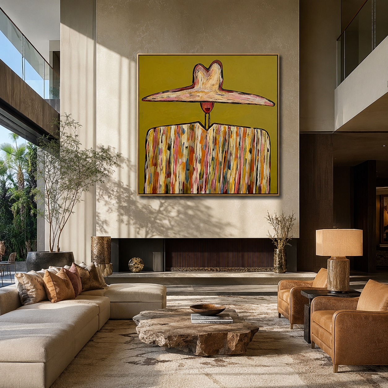 Painted Brim Keeps Color - wide hat striped figure by Marcus Lau, Retro Modern square wall art – styled room scene view 2