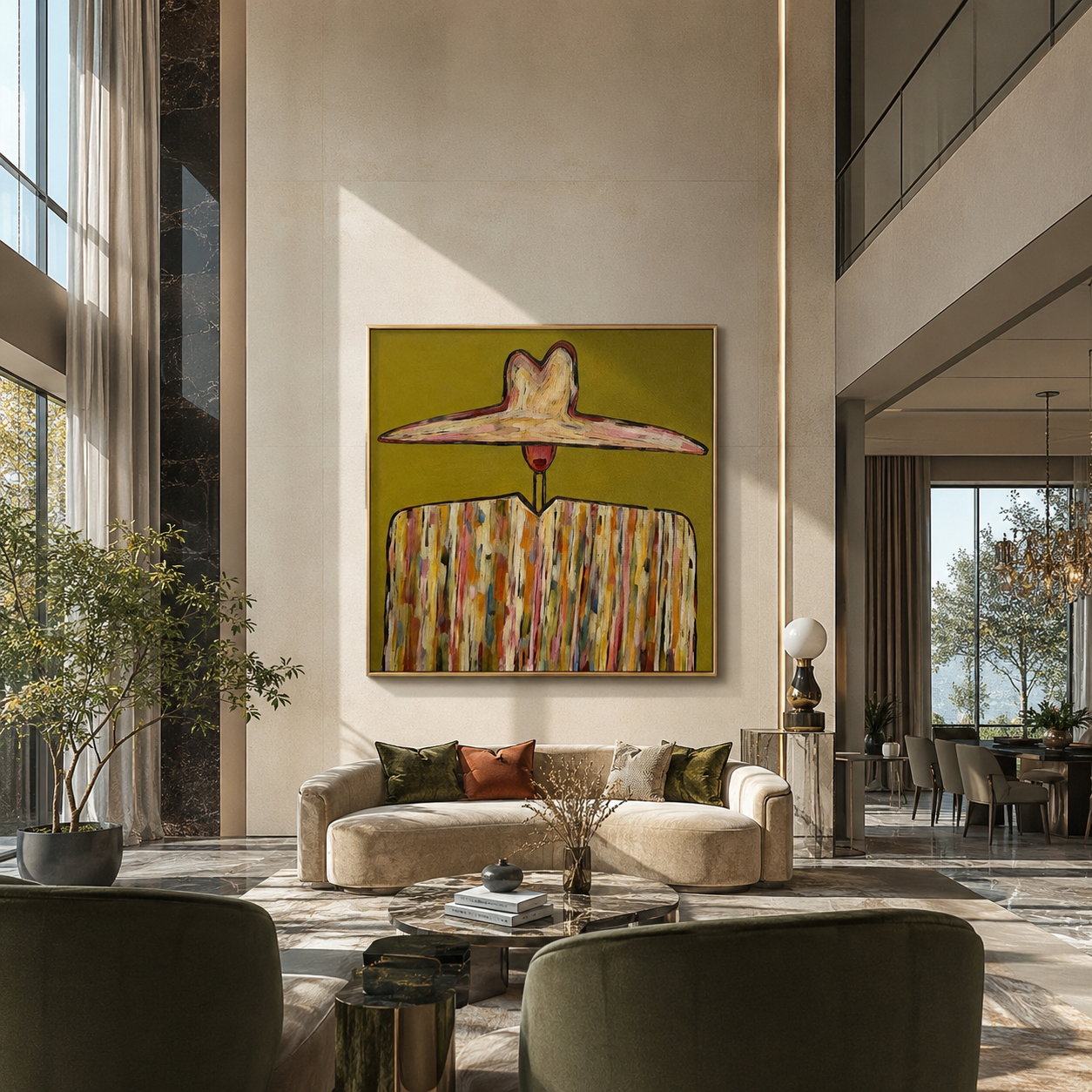 Painted Brim Keeps Color - wide hat striped figure by Marcus Lau, Retro Modern square wall art – styled room scene view 3
