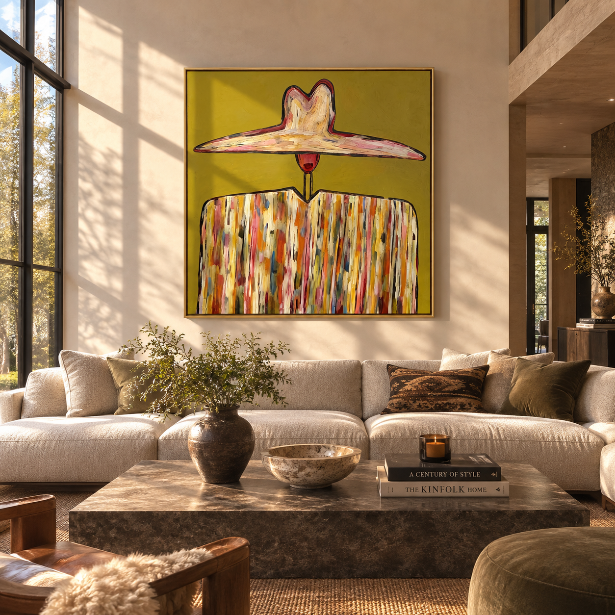 Painted Brim Keeps Color - wide hat striped figure by Marcus Lau, Retro Modern square wall art – styled room scene view 4