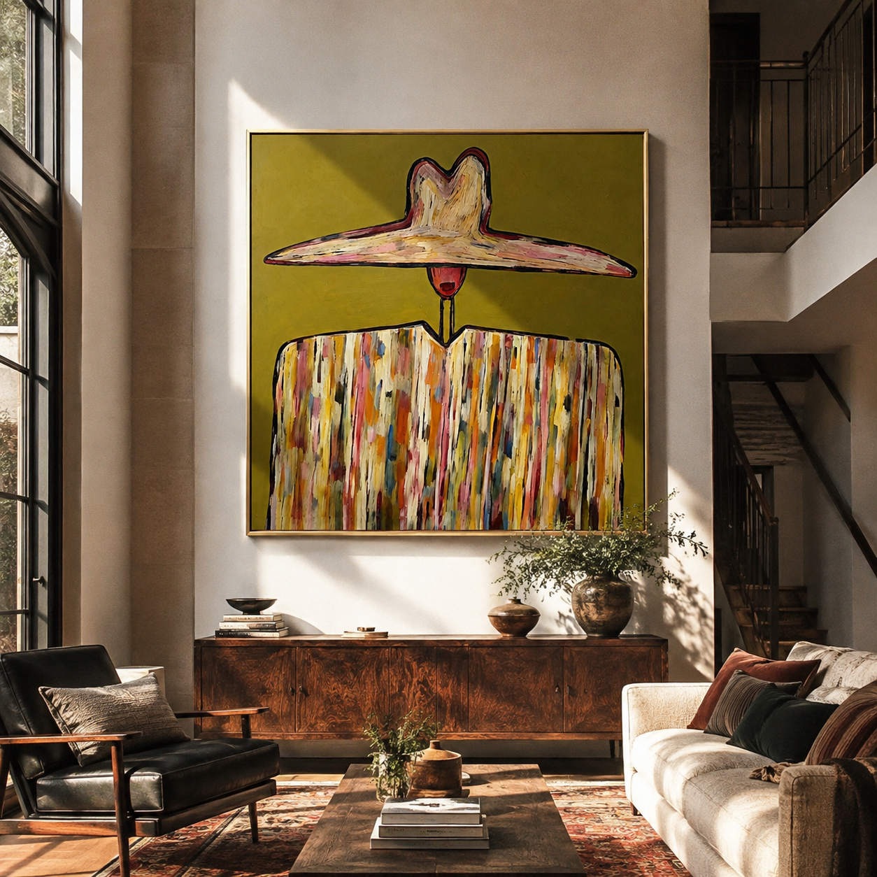 Painted Brim Keeps Color - wide hat striped figure by Marcus Lau, Retro Modern square wall art – styled room scene view 5