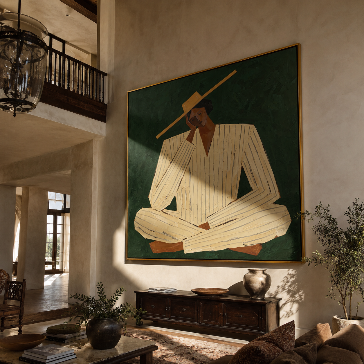 Ivory Suit Rests Green - seated ivory suit figure by Marcus Lau, Retro Modern square wall art – styled room scene view 1