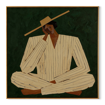 Ivory Suit Rests Green - seated ivory suit figure by Marcus Lau, Retro Modern square wall art – wood frame on white background