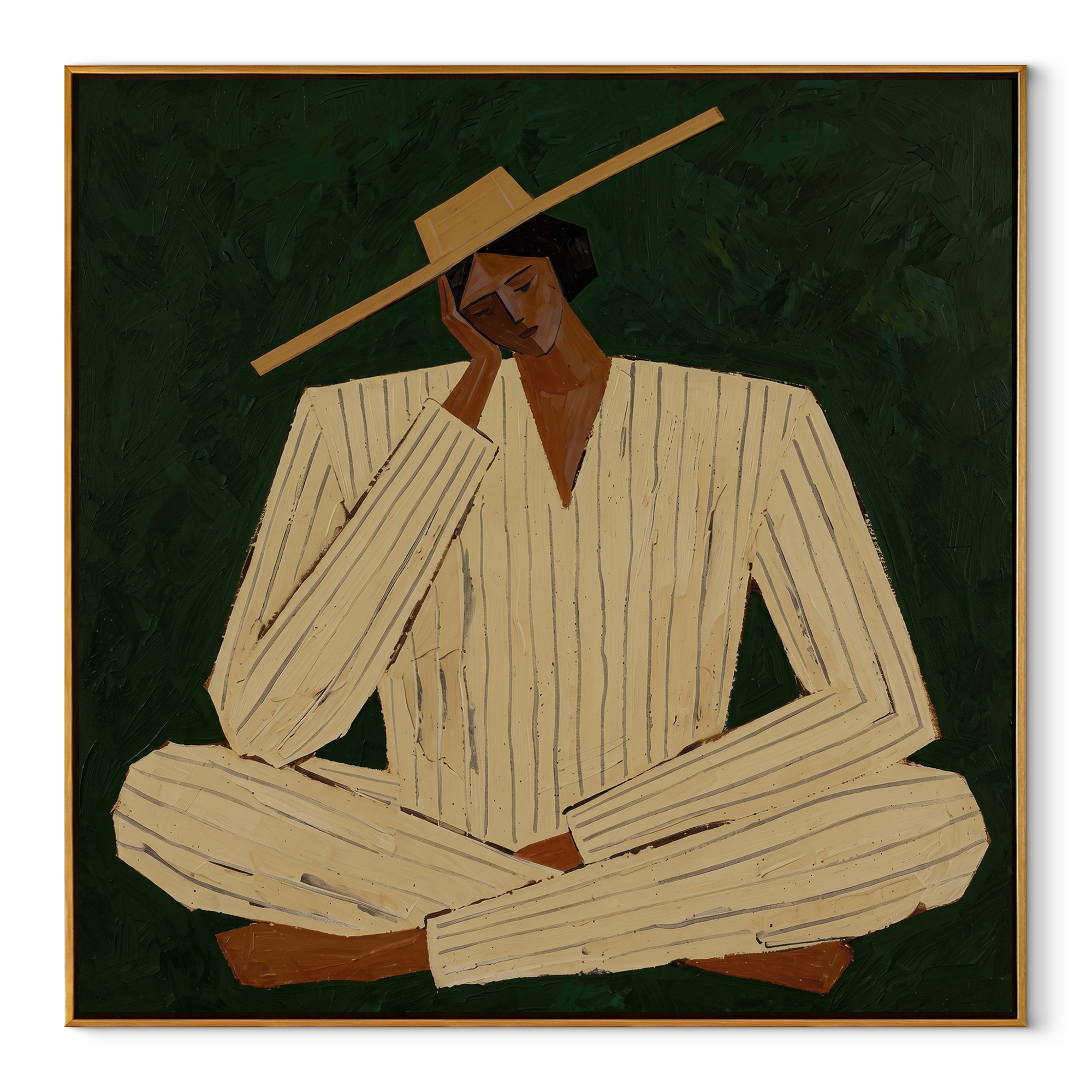 Ivory Suit Rests Green - seated ivory suit figure by Marcus Lau, Retro Modern square wall art – wood frame on white background