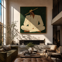 Ivory Suit Rests Green - seated ivory suit figure by Marcus Lau, Retro Modern square wall art – styled room scene view 2