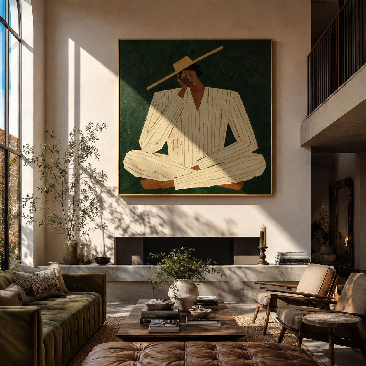 Ivory Suit Rests Green - seated ivory suit figure by Marcus Lau, Retro Modern square wall art – styled room scene view 2