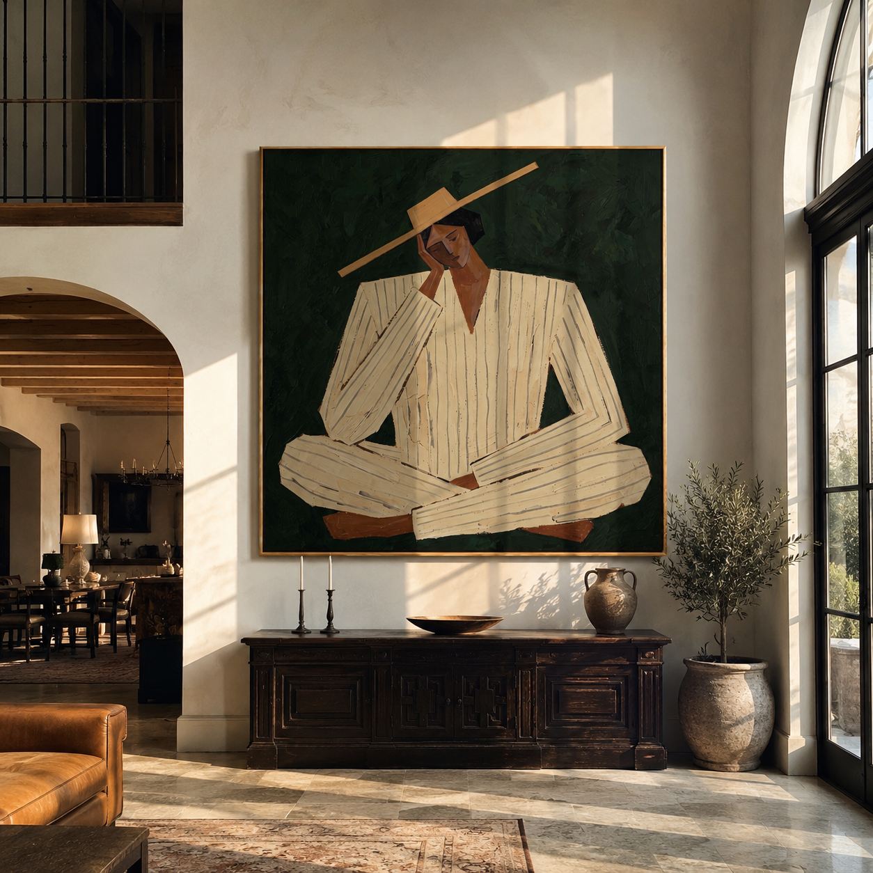 Ivory Suit Rests Green - seated ivory suit figure by Marcus Lau, Retro Modern square wall art – styled room scene view 3