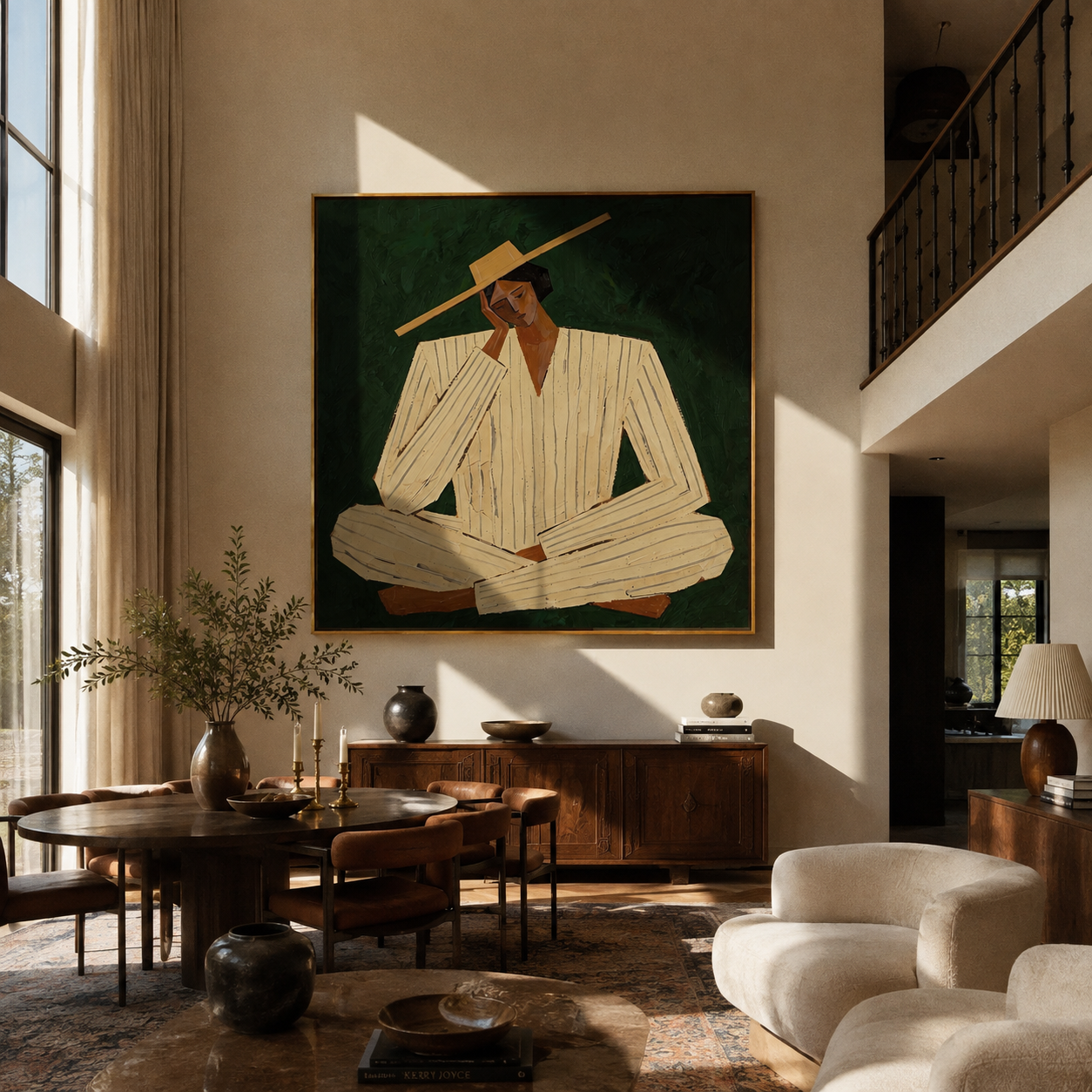 Ivory Suit Rests Green - seated ivory suit figure by Marcus Lau, Retro Modern square wall art – styled room scene view 4