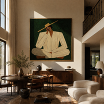 Ivory Suit Rests Green - seated ivory suit figure by Marcus Lau, Retro Modern square wall art – styled room scene view 4