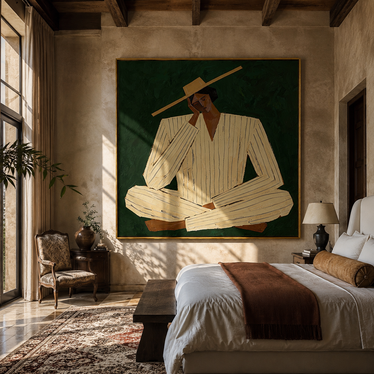 Ivory Suit Rests Green - seated ivory suit figure by Marcus Lau, Retro Modern square wall art – styled room scene view 5