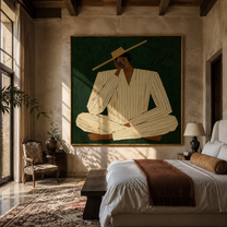 Ivory Suit Rests Green - seated ivory suit figure by Marcus Lau, Retro Modern square wall art – styled room scene view 5