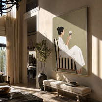Red Wine Meets Ivory - woman drinking red wine by Marcus Lau, Retro Modern vertical wall art – styled room scene view 1