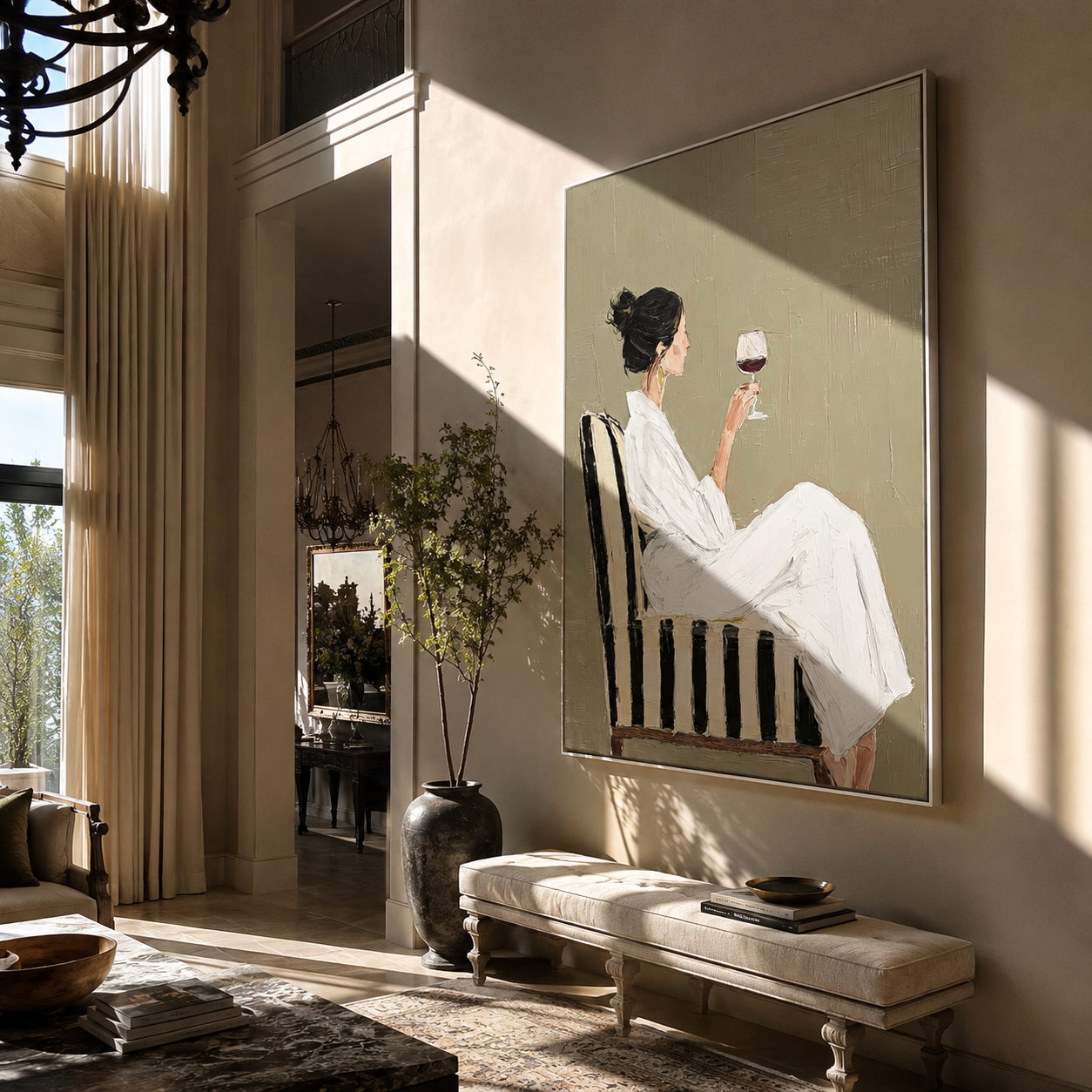 Red Wine Meets Ivory - woman drinking red wine by Marcus Lau, Retro Modern vertical wall art – styled room scene view 1