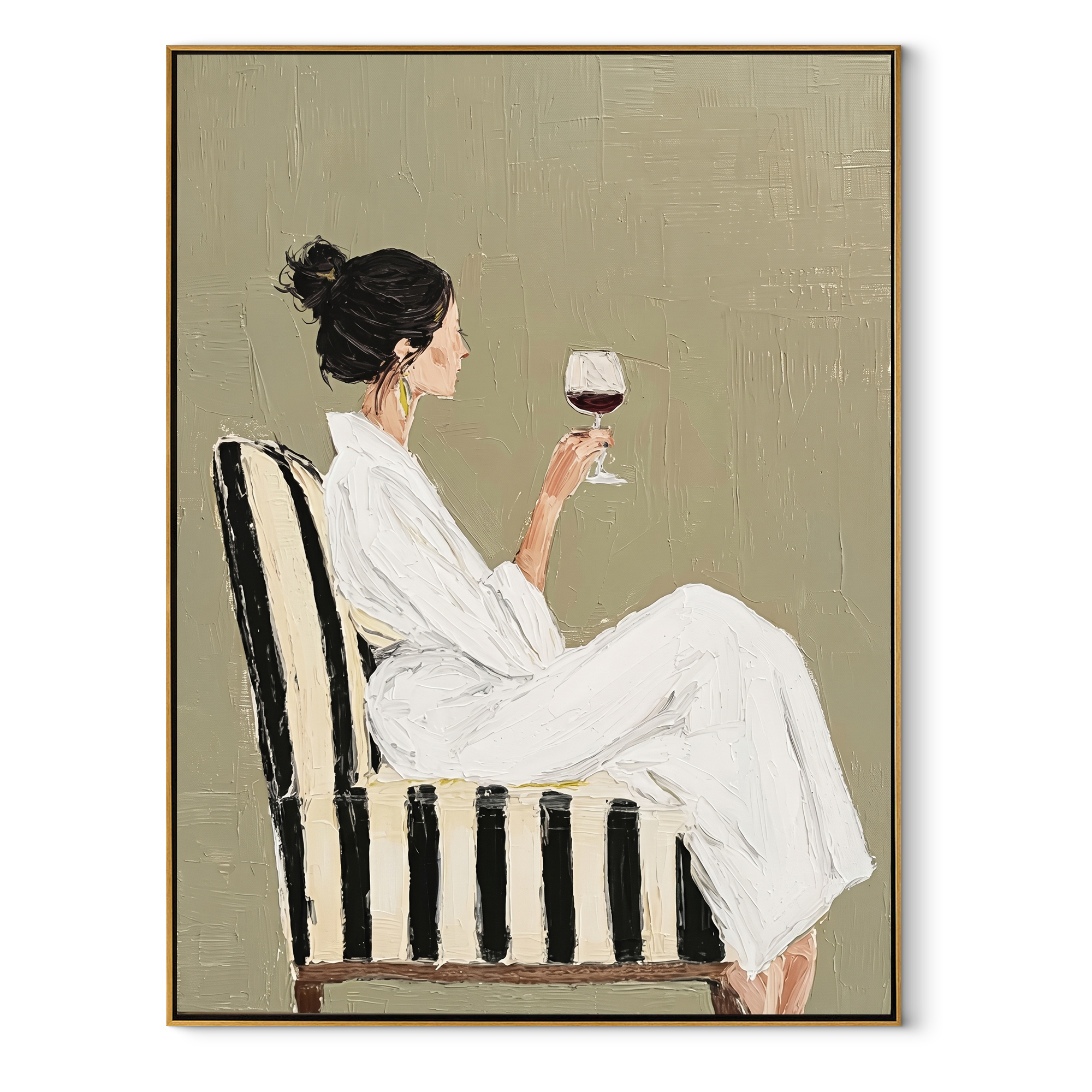Red Wine Meets Ivory - woman drinking red wine by Marcus Lau, Retro Modern vertical wall art – wood frame on white background