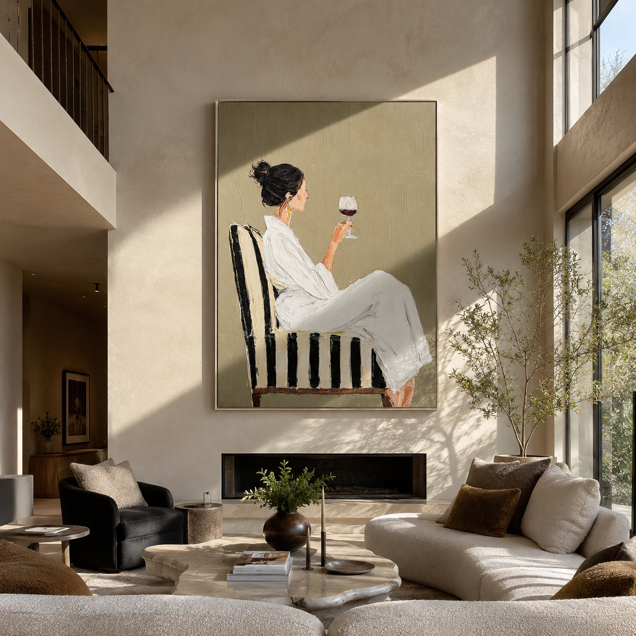 Red Wine Meets Ivory - woman drinking red wine by Marcus Lau, Retro Modern vertical wall art – styled room scene view 2