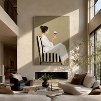 Red Wine Meets Ivory - woman drinking red wine by Marcus Lau, Retro Modern vertical wall art – styled room scene view 2