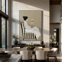 Red Wine Meets Ivory - woman drinking red wine by Marcus Lau, Retro Modern vertical wall art – styled room scene view 3