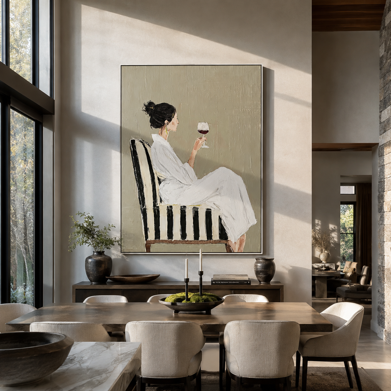 Red Wine Meets Ivory - woman drinking red wine by Marcus Lau, Retro Modern vertical wall art – styled room scene view 3